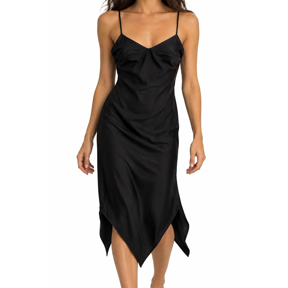 Rampage Womens Black Asymmetrical Handkerchief Hem Slip Dress V-Neck Midi Small